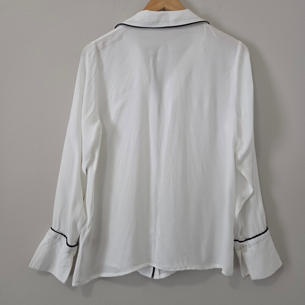 Philosophy Republic Clothing White Viscose Button Down Blouse Black Piping Med - Picture 6 of 6